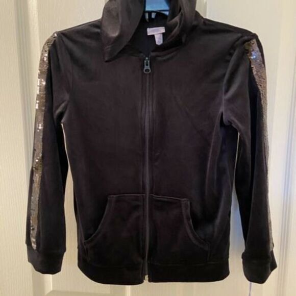 More Than Magic Black Velour Hoodie Jacket Sequin Stripe Girls Small 6-6X NWT - Picture 3 of 8